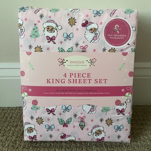 Envogue Pastel Pink Coquette Santa King Sheet Set New Holiday Christmas - Picture 2 of 5